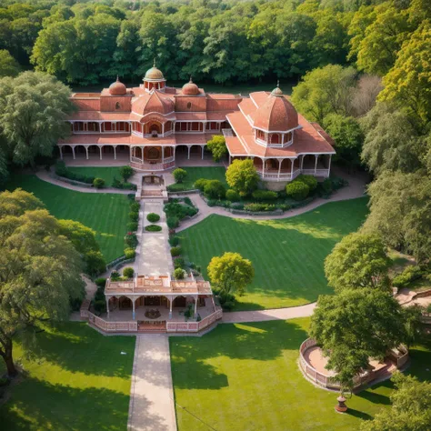 /imagine prompt: Aerial view of a traditional Punjabi wedding venue in daylight, a grand house decorated with colorful drapes and floral arrangements. Guests are mingling, and traditional music instruments can be seen. Sunlight filtering through trees, cre...