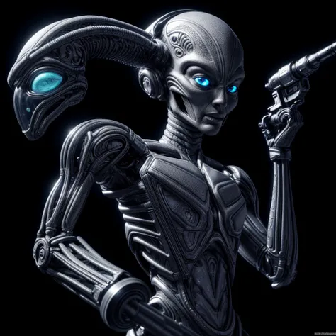 cute alien with a space gun, 1 alien, extremely detailed alien face, alien holding futuristic space gun, extremely detailed alien hands, extremely detailed alien eyes, extremely detailed alien expression, alien in a sci-fi setting, advanced alien technolog...