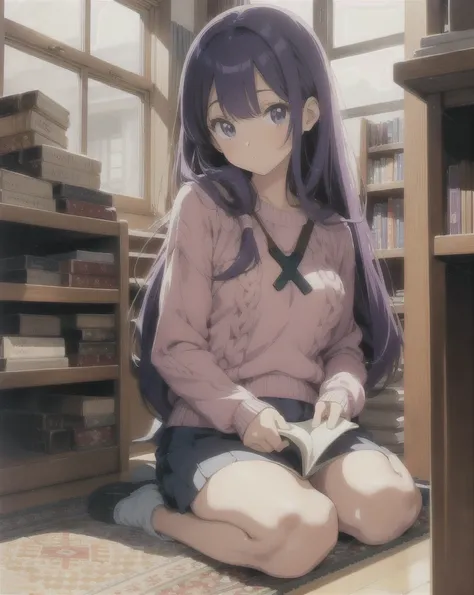 (masterpiece, 1980s anime illustration:1.1), sweet girl with long purple hair wearing oversized knit sweater, sitting cross-legged on floor of bookshop, open book in lap, reading intently, surrounded by stacks of old books, afternoon sun streaming in throu...