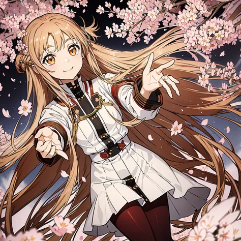 masterpiece, best quality, highres, ccasuna, long hair, brown hair, brown eyes, uniform, jacket, long sleeves, white gloves, belt, red pantyhose, cherry blossoms, night, reaching out, smile, petal