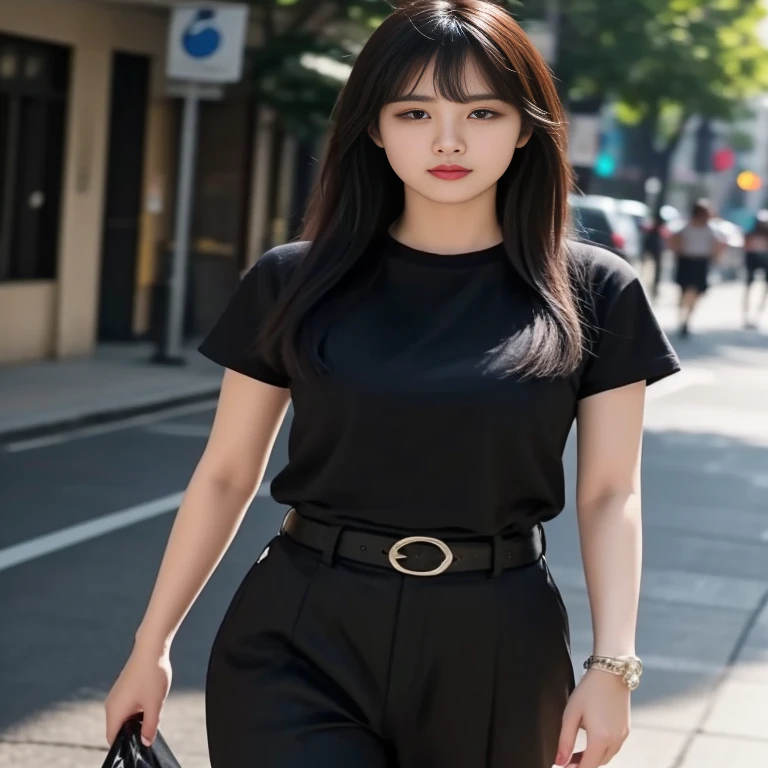 A woman in a black shirt and black pants is walking down the street., สวมblack t-shirt, สวมblack t-shirt, Korean female fashion model, Wear fashionable black clothes., สวมblack t-shirt, Wear stylish black clothes., black casual clothes, wearing black, Wear...