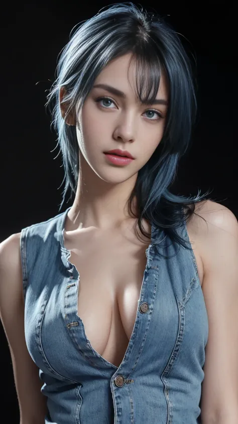 8K, Top Quality, Intricate Details, Ultra Detail, Ultra High Resolution, Masterpiece, close up shot, (full body: 1.1), Slender, Smile, (Makeup: 0.4), ,(( blue hair, bangs, long hair, blue eyes)), (Fluffy  Eyes: 1.21), (()), 1girl, solo, 1 girl, (()), close...