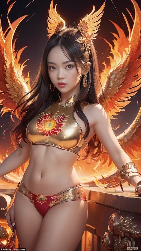 (((work of art, best qualityer: 1.2), A girl with phoenix wings standing in a ring of fire, beautiful and symmetrical face, with bright red eyes, phoenix, lotus flowers, red rose gold, gold mini underwear, Mountain sunrise to the bottom, Ancient porcelain ...