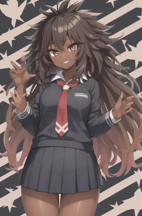 Horikoshi Kouhei, 1 girl, Dark skin, , high school clothes, dark brown hair, borroso background, Boku no hero academia, high resolution, Brown eyes, almond eyes, long hair, afro hair
