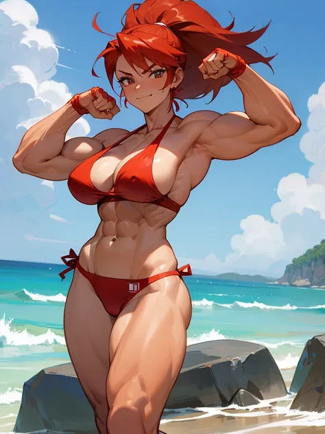 Anime redhead muscle mommy in a red thong bikini flexing her muscles in a front double biceps pose to pridefully show off her rock hard abs on a white sanded beach, highly detailed 