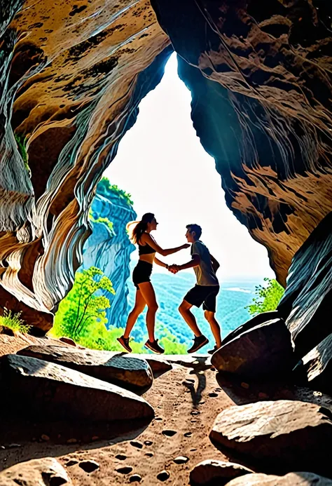 A young man holds his girlfriend by the hand at the edge of the cave from falling while she was running