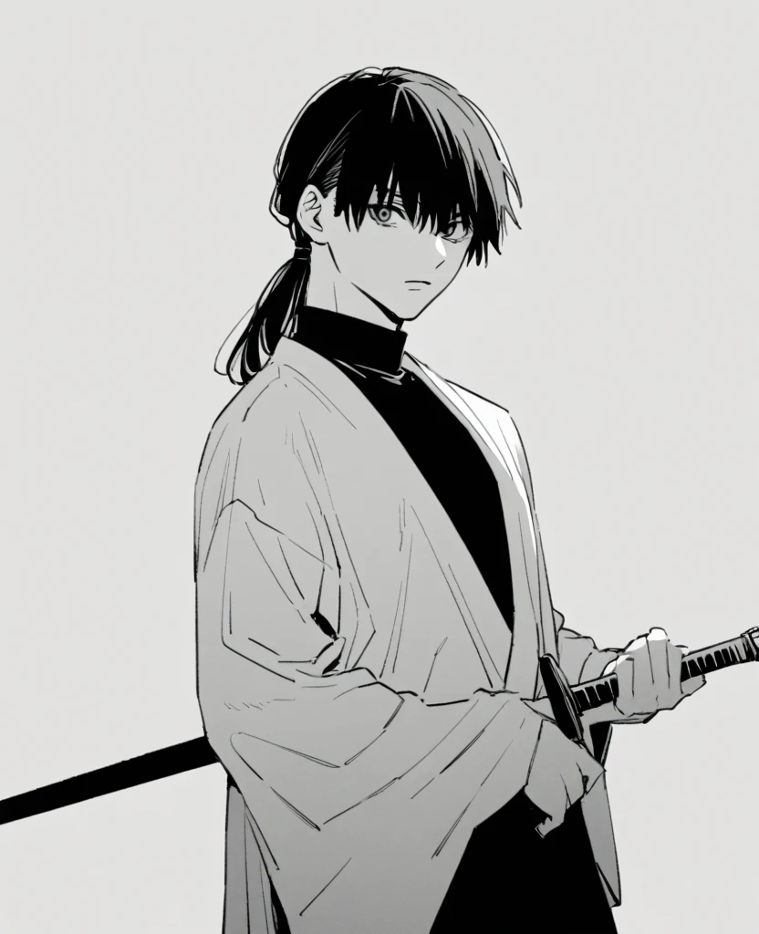 yuto-sano, 1boy, kaneki, black  hair, unique hairstyle long hair, elegant, monochrome, solo, greyscale, male focus, looking at v...