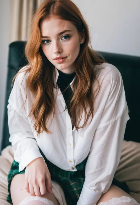  upper body, close up, cute woman, beautiful, 20 years old, dreamy, green eyes, freckles, soft smile, shoulder length ginger hair at side, living room, white stockings, open flannel shirt, open shirt, (detached shirt:1
2),beautiful legs, black choker,Denoi...