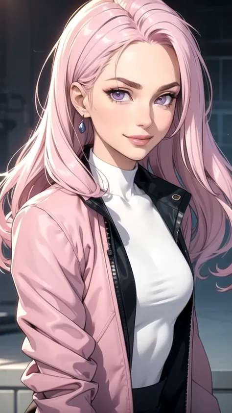 (masterpiece, best quality), intricate details, thin, ((slim)), beautiful girl, Light pink hair, white skin, light purple eyes, sharp jawline, cropped jacket, messy hair, lips, upper body, smirk