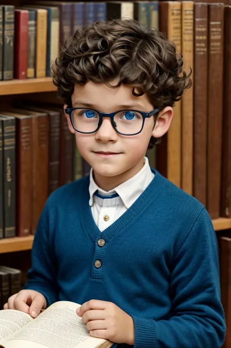 11 year old boy with blue eyes and glasses , short curly hair , clothing from 1901, in a library 