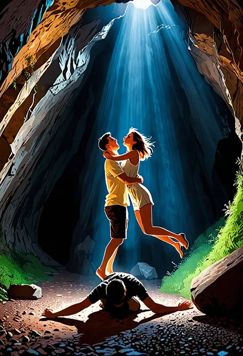 A young man catches his girlfriend falling from the cave, fear, trembling,