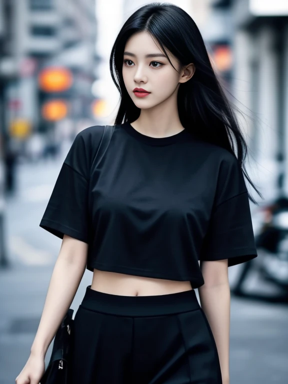 A woman in a black shirt and black pants is walking down the street., สวมblack t-shirt, สวมblack t-shirt, Korean female fashion model, Wear fashionable black clothes., สวมblack t-shirt, Wear stylish black clothes., black casual clothes, wearing black, Wear...