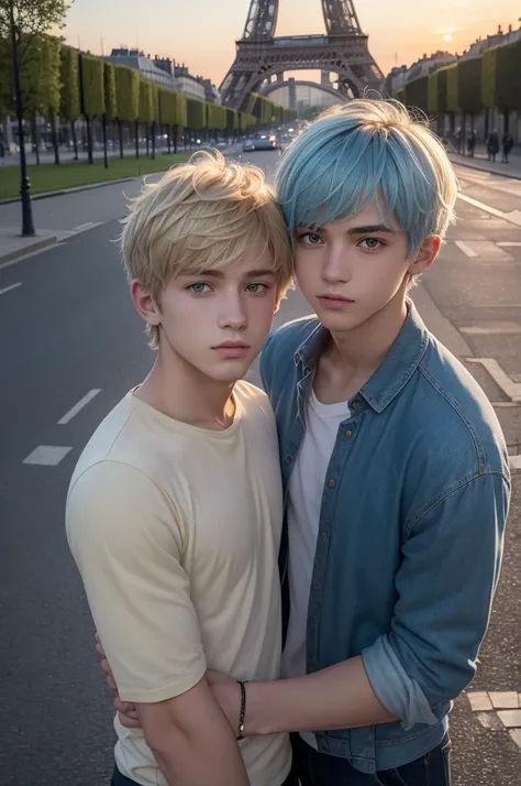 "A sketchbook with Post-Its of hand-drawn sketches of two male characters from a book. The first character is a 17-year-old French boy with light blue hair. The second is a 19-year-old Spanish boy from Barcelona with sun-bleached blonde hair. They are in P...