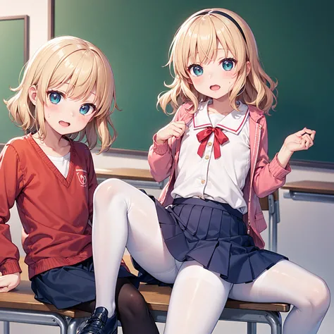 Highest quality,Highest quality,One girl,One boy,((((10 years old)))),Flat Chest,orgasm,blush, Sweat, Sakurai Momoka,Blonde,White Sarah Outfit,Navy Blue Skirt, Not a pleated skirt,whole body,classroom, White Pantyhose、Flipping up a navy blue skirt、Spread y...