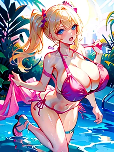 (masterpiece), best quality, expressive eyes, perfect face, Sexy female, (((bimbo))), blonde hair, blue eyes, huge breasts, huge butt, full body, seductive, (1girl), pink high heel sandals, ((pool background)), (((pink V-neck sling bikini)))