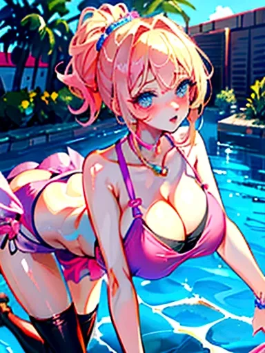 (masterpiece), best quality, expressive eyes, perfect face, Sexy female, (((bimbo))), blonde hair, blue eyes, huge breasts, huge butt, full body, seductive, (1girl), pink high heel sandals, ((pool background)), (((pink V-neck sling bikini)))