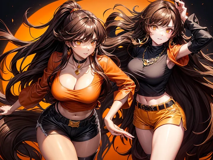 Kizi, long voluminous and messy dark brown curly hair, voluptuous, gold eyes, black choker necklace, orange earring, light brown cropped blouse, shorts above the waist dark brown, dark brown boots, RWBY style, realisitic, dark backdrop with orange symbols,...