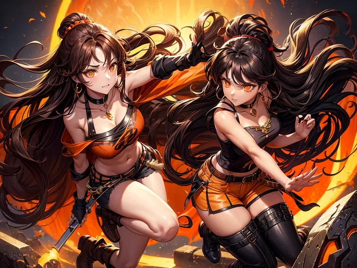 Kizi, long voluminous and messy dark brown curly hair, voluptuous, gold eyes, black choker necklace, orange earring, light brown cropped blouse, shorts above the waist dark brown, dark brown boots, RWBY style, realisitic, dark backdrop with orange symbols,...