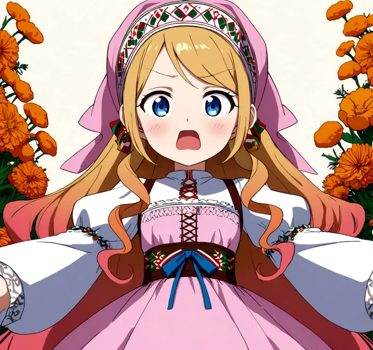 golden orange hair, gradient hair, very long hair, swept bangs, sidelocks, curly hair, wavy hair, (((((head scarf))))), head bandana, pink apron, flower in hair, marigold, orange flower, blue eyes, dirndl, pink dress, pink dirndl, long sleeves, waist apron...