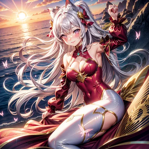 Silver hair, pink eyes, woman, sun and cloud background, red and gold clothes, hair bows, happy face, mermaid outfit, sexy, cat ears, floating butterflies, thigh up, thigh high tights