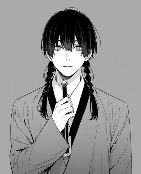 yuto-sano, 1boy, kaneki, black  hair, unique hairstyle long hair, elegant, monochrome, solo, greyscale, male focus, looking at v...