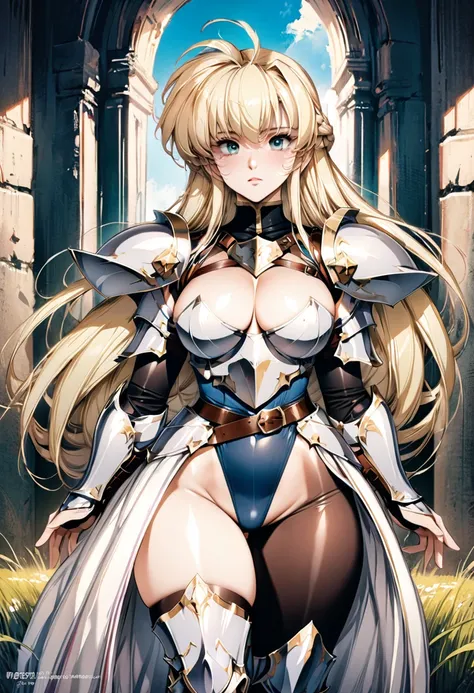 ((highest quality)), ((masterpiece)), ((hyperrealistic)), (detailed background), solo, 1girl, ((curvy: 1.2)), kawaii, female knight with a spear, ((armored dress: 1.3)), langrisser, blonde braided long hair, Ahoge, (paladin armor), ((Tight-fitting leotard ...