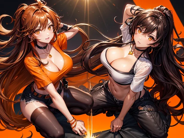 Kizi, long voluminous and messy dark brown curly hair with orange details, voluptuous, honey-colored eyes, black choker necklace, orange earring, light brown cropped top blouse, shorts above the waist dark brown, dark brown boots, RWBY style, realisitic, d...