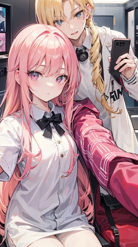 young man,blonde hair combed to the side, taking a selfie with a girl with long pink hair