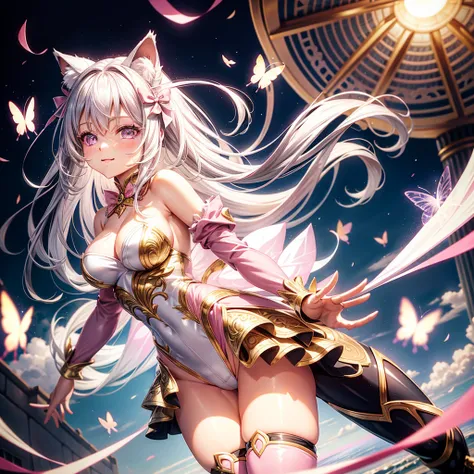 Silver hair, pink eyes, woman, sun and cloud background, pink and gold clothes, hair bows, happy face, queen outfit, sexy, cat ears, floating butterflies, thigh up, thigh high tights