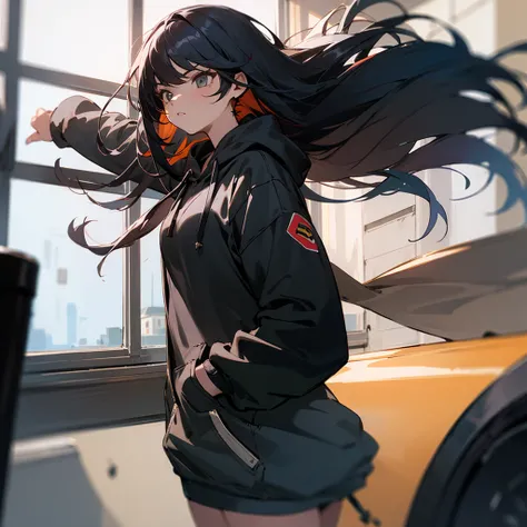 1 girl, black hoodie, long hair, super beautiful, cool, intimidation, black hair, coffee, windows