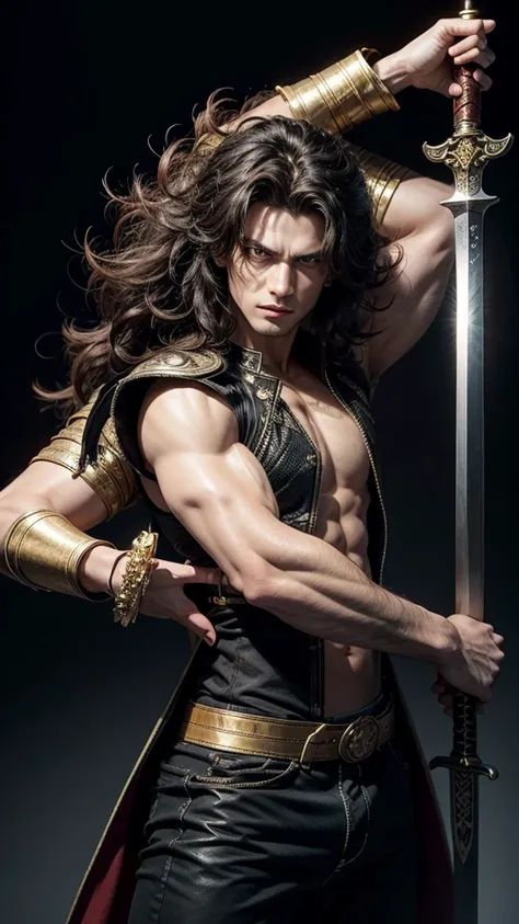 Male character with big hair and sword