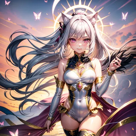 Silver hair, pink eyes, woman, sun and clouds background, pink and gold clothes, hair bows, happy face, queen outfit, sexy, cat ears, floating butterflies, thigh up, thigh high tights