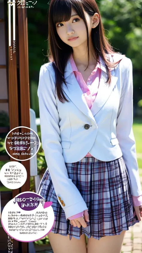 (とてもpantiesを見せつけている女子高校生ひとり)、((大胆にpantiesを見せつけている))、(White blazer　Pale purple pleated skirt)、Front low angle:1.5、panties、((Masterpiece、Highest quality、Highest quality)), (Super detailed), (8K ),Raw color photography, Professional photography,  Great face a...