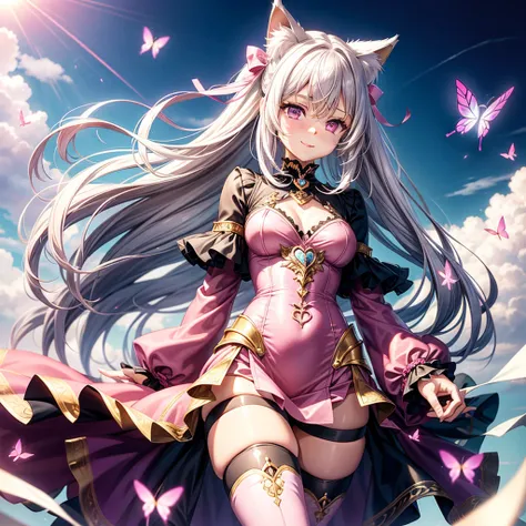 Silver hair, pink eyes, woman, sun and cloud background, pink and gold clothes, hair bows, happy face, gothic outfit, sexy, cat ears, floating butterflies, thigh up, thigh high tights