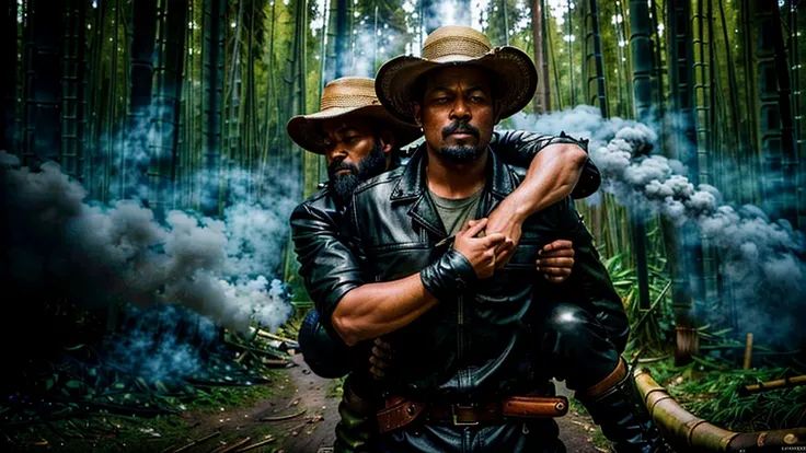 The Captain of the Forest -- leather jacket, long pants and hunters boots, with a straw hat, closed, he is wounded and is carried on the shoulders of the men = one on the left side, the other on the right side - - a lot of smoke - he is carried by two henc...