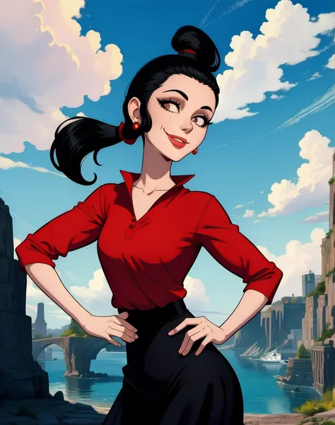 oliveoyl, short black hair with ponytail, black eyes, solo, upper body ,
red shirt , black long skirt, small earrings,
standing,...