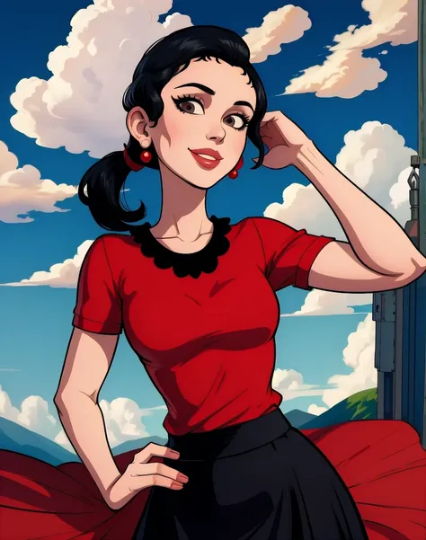 oliveoyl, short black hair with ponytail, black eyes, solo, upper body ,
red shirt , black long skirt, small earrings,
standing,...