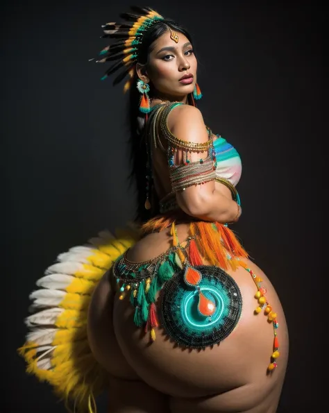 Beautiful Cherokee Indian woman with beautiful terracotta colored headdresses, blackw, doradas, cobre, Pearl, white and beige, feathers made of bright neon of various colors, flares on camera, bokeh, full moon night
