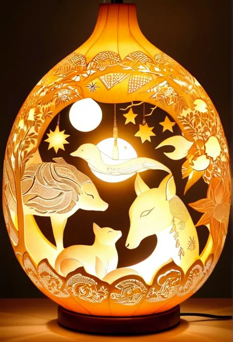 Gourd lamp. A lamp in the shape of a gourd. Delicate design. Beautiful luster. Shapes of the moon, sun, stars and animals are carved out. When lit, beautiful patterns emerge. Relaxing. Asian taste.エスニック柄。