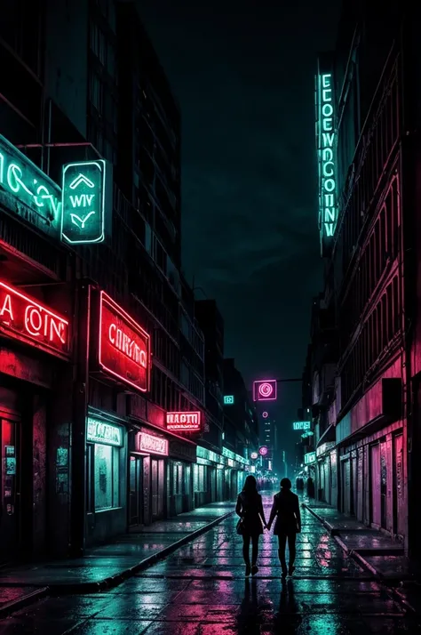 Draw a dark and oppressive city, with neon lights and deserted streets, symbolizing the urban atmosphere and the loneliness that permeates the story.