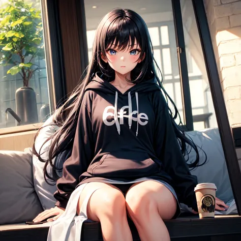 1 girl, black hoodie, long hair, super beautiful, cool, intimidation, black hair, coffee, window, relax