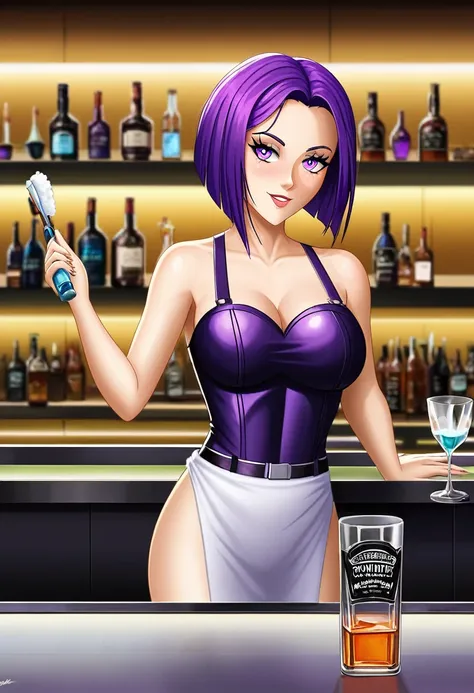 adult female, black purple hair, slanted bob haircut, phlegmatic, stoic expression, perfect purple eyes, cyberpunk bar, bartende...