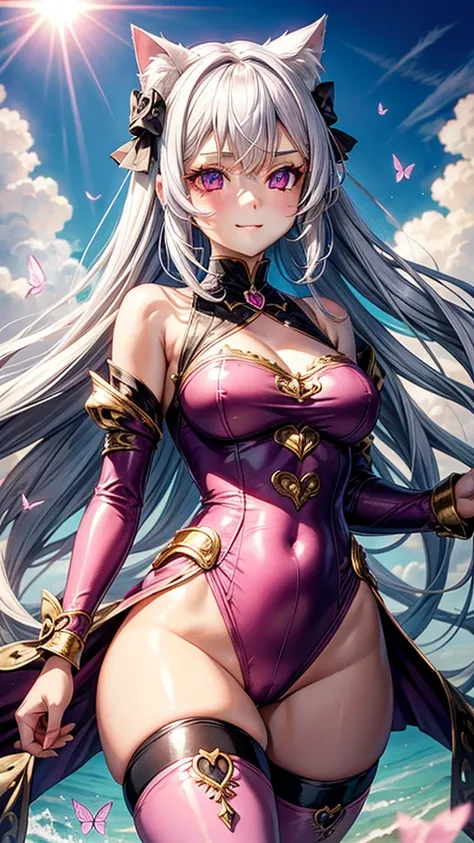 Silver hair, pink eyes, woman, sun and cloud background, pink and gold clothes, hair bows, happy face, gothic outfit, sexy, cat ears, floating butterflies, thigh up, thigh high tights