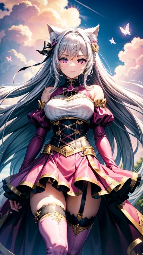 Silver hair, pink eyes, woman, sun and cloud background, pink and gold clothes, hair bows, happy face, gothic outfit, sexy, cat ears, floating butterflies, thigh up, thigh high tights