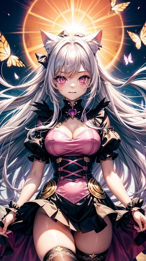 Silver hair, pink eyes, woman, sun and cloud background, pink and gold clothes, hair bows, happy face, gothic outfit, sexy, cat ears, floating butterflies, thigh up, thigh high tights