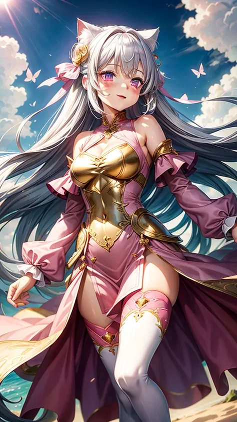 Silver hair, pink eyes, woman, sun and cloud background, pink and gold clothes, hair bows, happy face, long dress outfit, sexy, cat ears, floating butterflies, thigh up, thigh high tights