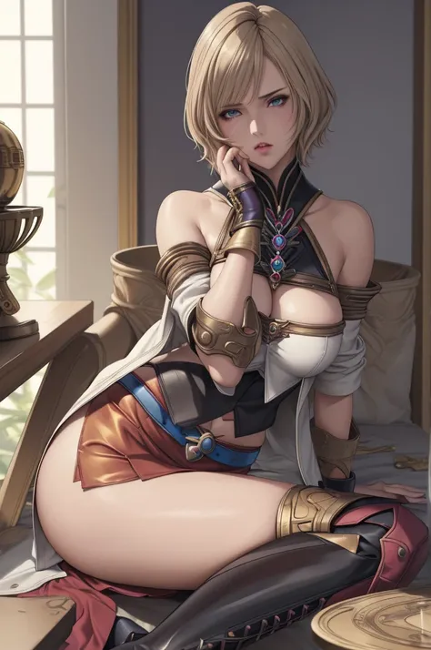 {{{nsfw:1.5}}},(golden ratio,muste piece, top quality, best quality, beautiful and aesthetic:1.2), very detailed, colorful,best details, (adult,19 years old,1 girl,  Final Fantasy 12,Ashelia, short hair, short hair,Asheliaコスチューム, huge , mini skirt,thigh hi...