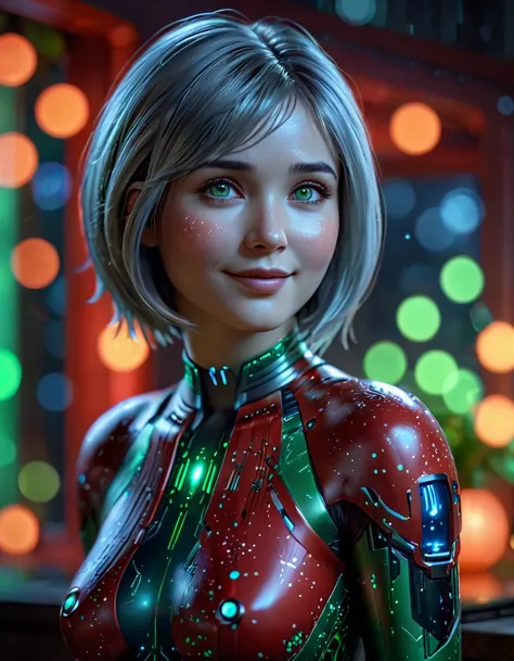 (hyperrealistic, best quality, 4k), sweet, smile, cortana with ethereal light silver hair and green eyes. in party colorful coun...