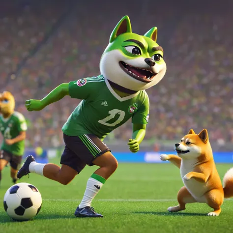 Pepe the frog playing football against shiba inu in the arena, detailed frog character, detailed shiba inu character, football stadium arena, dynamic action pose, colorful vibrant lighting, unreal engine, 8k, hyperrealistic, cinematic, award winning