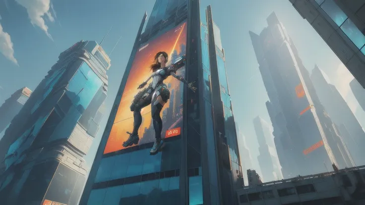 there is a woman that is standing in a window of a building, chell from portal, chell, highly detailed giantess shot, extremely ...